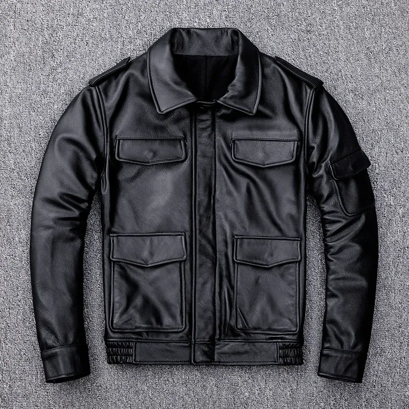 Men’s Genuine Cowhide Leather Jacket – Thick Winter Casual Leather Coat with Multiple Pockets, Premium Quality Warm Outerwear