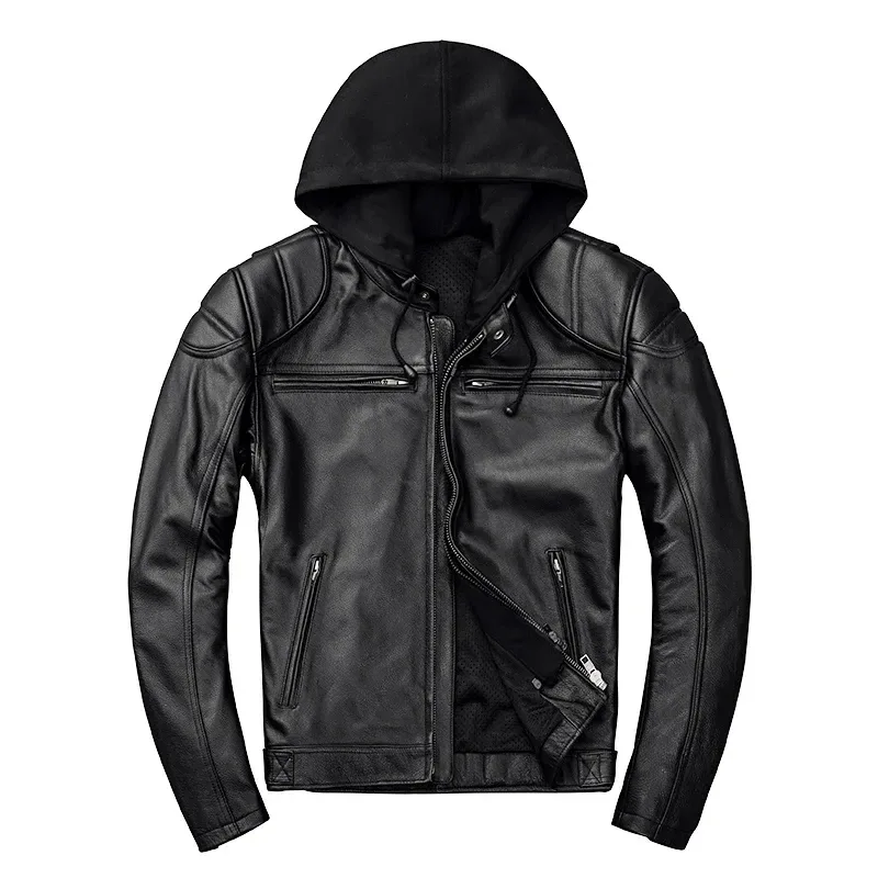 Men’s Genuine Cowhide Leather Jacket – Short Hooded Motorcycle Coat with Detachable Hat, Real Leather Spring & Autumn Jacket - Image 4
