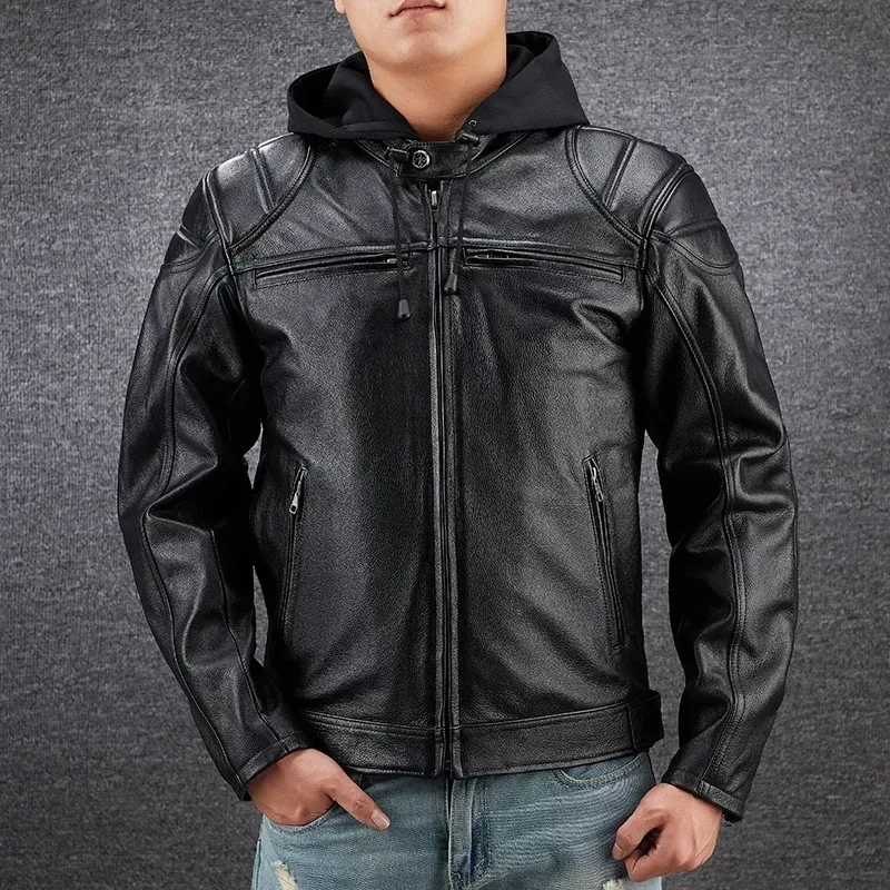 Men’s Genuine Cowhide Leather Jacket – Short Hooded Motorcycle Coat with Detachable Hat, Real Leather Spring & Autumn Jacket - Image 5