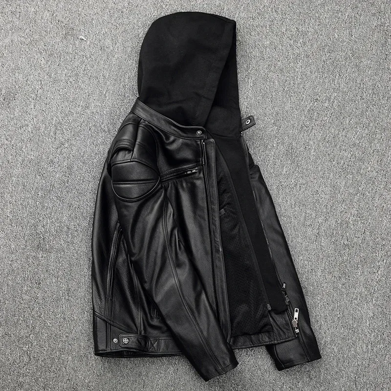 Men’s Genuine Cowhide Leather Jacket – Short Hooded Motorcycle Coat with Detachable Hat, Real Leather Spring & Autumn Jacket - Image 2