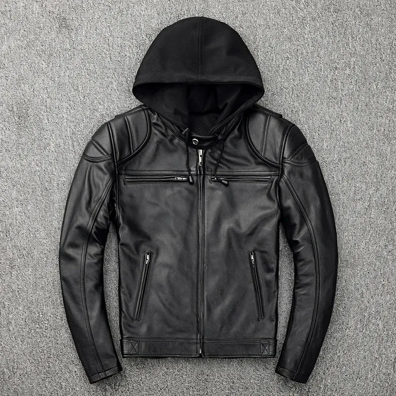 Men’s Genuine Cowhide Leather Jacket – Short Hooded Motorcycle Coat with Detachable Hat, Real Leather Spring & Autumn Jacket - Image 3