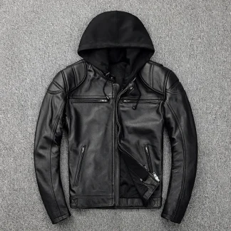 Men’s Genuine Cowhide Leather Jacket – Short Hooded Motorcycle Coat with Detachable Hat, Real Leather Spring & Autumn Jacket