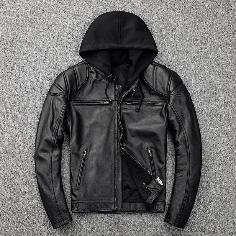Men’s Genuine Cowhide Leather Jacket – Short Hooded Motorcycle Coat with Detachable Hat, Real Leather Spring & Autumn Jacket