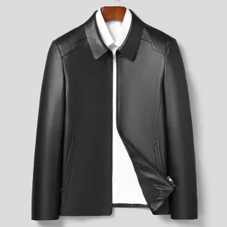 Men’s Genuine Cowhide Leather Jacket – Spring & Autumn Business Casual Coat with Lapel Collar and Zipper Closure, 100% Real Leather Outerwear