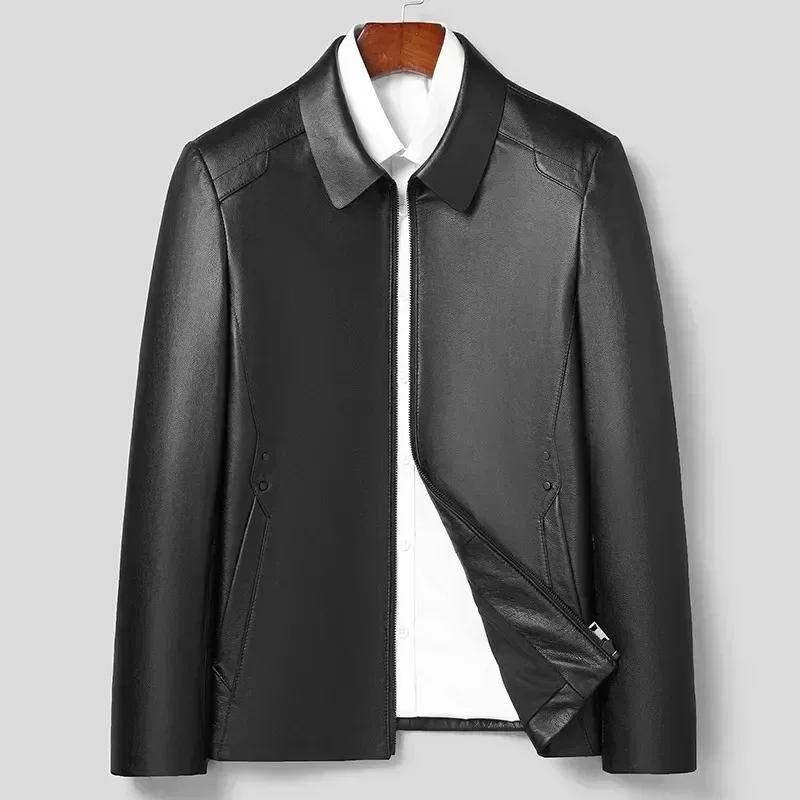 Men’s Genuine Cowhide Leather Jacket – Spring & Autumn Business Casual Coat with Lapel Collar and Zipper Closure, 100% Real Leather Outerwear