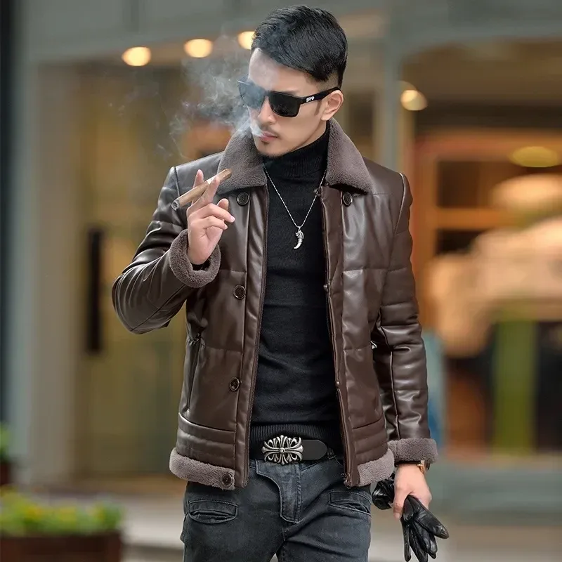 Men’s Luxury Sheepskin Down Jacket – Short Winter Puffer Coat with Lapel Fur Collar, Plush Thick Insulation & Slim Korean Fit Design - Image 7