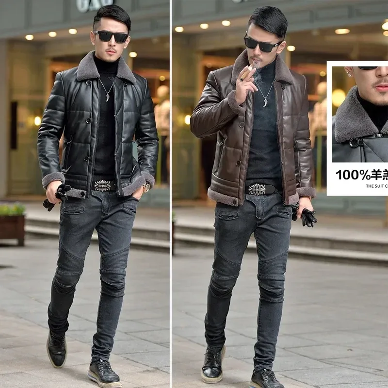 Men’s Luxury Sheepskin Down Jacket – Short Winter Puffer Coat with Lapel Fur Collar, Plush Thick Insulation & Slim Korean Fit Design - Image 3