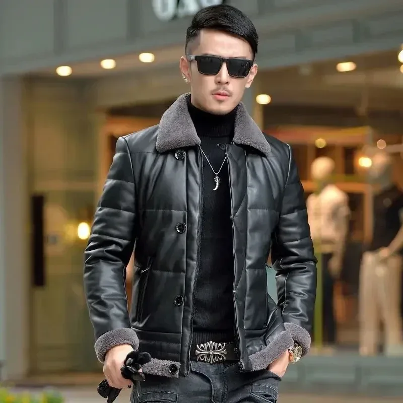 Men’s Luxury Sheepskin Down Jacket – Short Winter Puffer Coat with Lapel Fur Collar, Plush Thick Insulation & Slim Korean Fit Design - Image 6