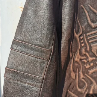 Men’s Vintage Motorcycle Leather Jacket – 100% Genuine Cowhide with 3D Skull Print, Natural Leather Biker Coat in Asian Size