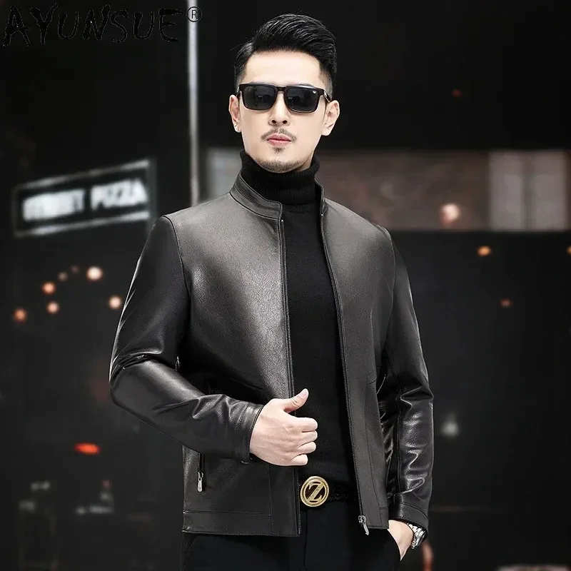 Men’s Genuine Goatskin Leather Jacket – High Quality Real Leather Coat with Standing Collar, Classic Slim Design for Everyday Wear
