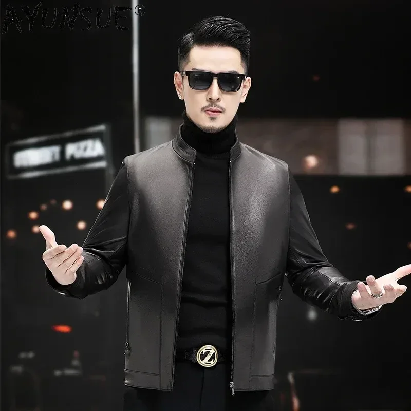 Men’s Genuine Goatskin Leather Jacket – High Quality Real Leather Coat with Standing Collar, Classic Slim Design for Everyday Wear - Image 4