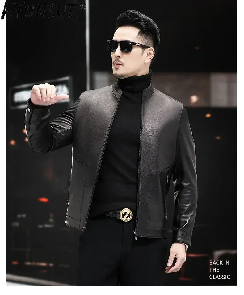 Men’s Genuine Goatskin Leather Jacket – High Quality Real Leather Coat with Standing Collar, Classic Slim Design for Everyday Wear - Image 5
