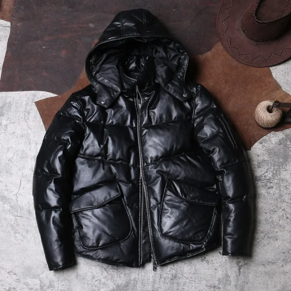 Men’s High-Quality Genuine Cowhide Leather Down Jacket – Super Warm Winter Coat, Natural Cow Skin Casual Outerwear in Asian Size - Image 3
