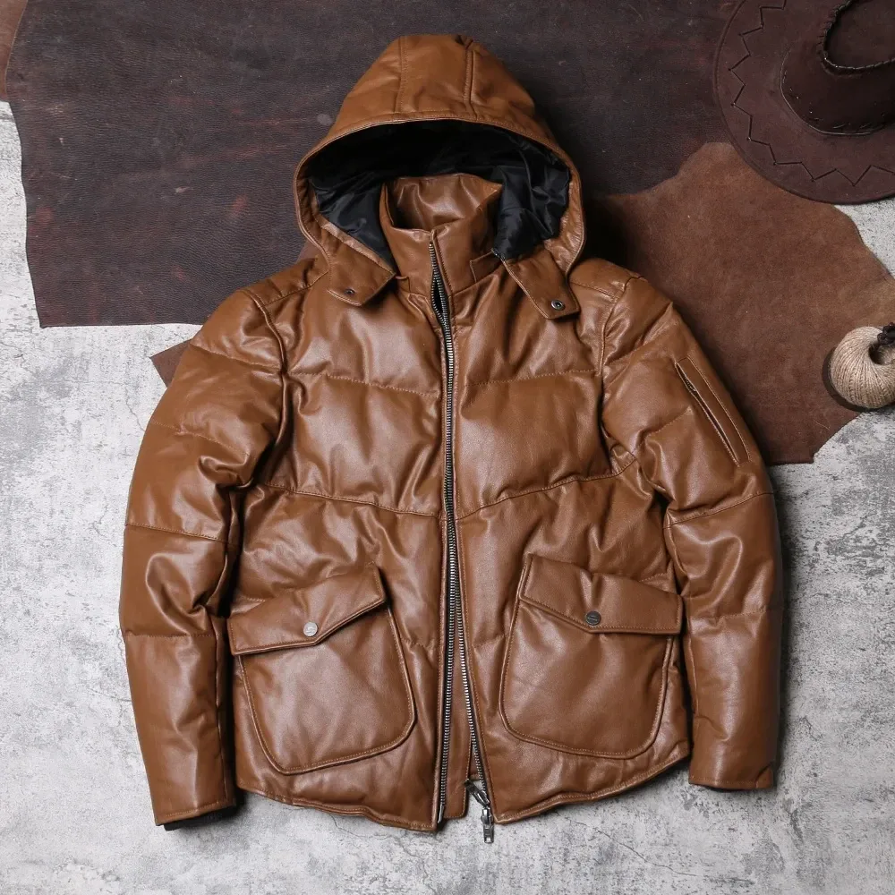 Men’s High-Quality Genuine Cowhide Leather Down Jacket – Super Warm Winter Coat, Natural Cow Skin Casual Outerwear in Asian Size - Image 4