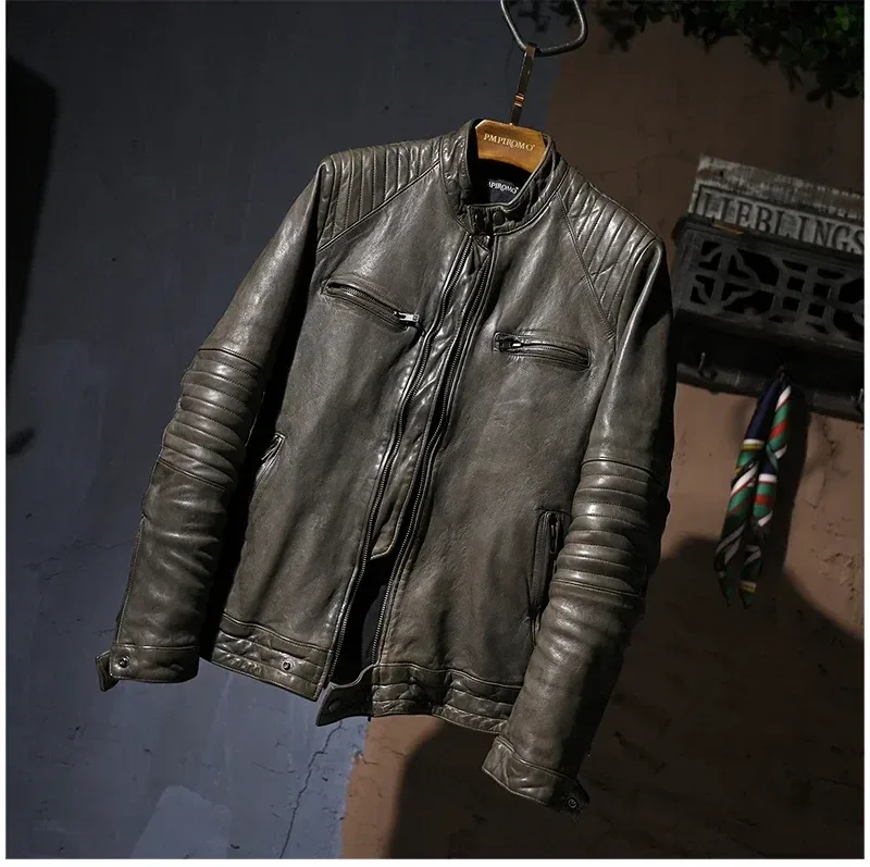 Men’s Luxury Vintage Brown Sheepskin Leather Jacket – Genuine Tanned Leather Slim Biker Coat, Premium Quality Cool Rider Style - Image 5