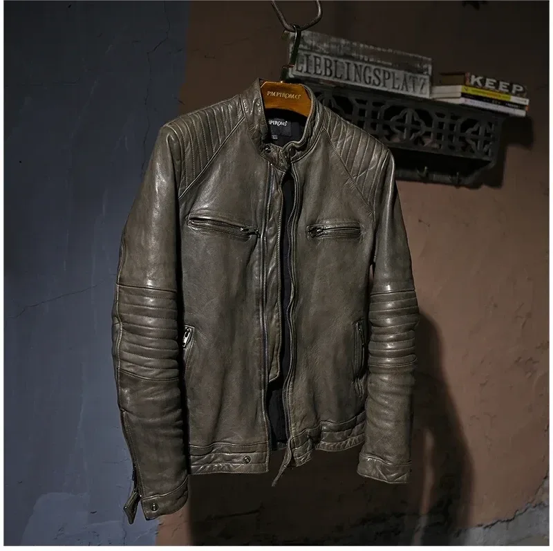 Men’s Luxury Vintage Brown Sheepskin Leather Jacket – Genuine Tanned Leather Slim Biker Coat, Premium Quality Cool Rider Style - Image 4