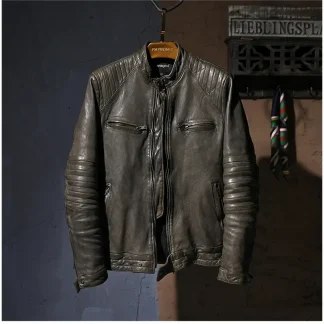 Men’s Luxury Vintage Brown Sheepskin Leather Jacket – Genuine Tanned Leather Slim Biker Coat, Premium Quality Cool Rider Style