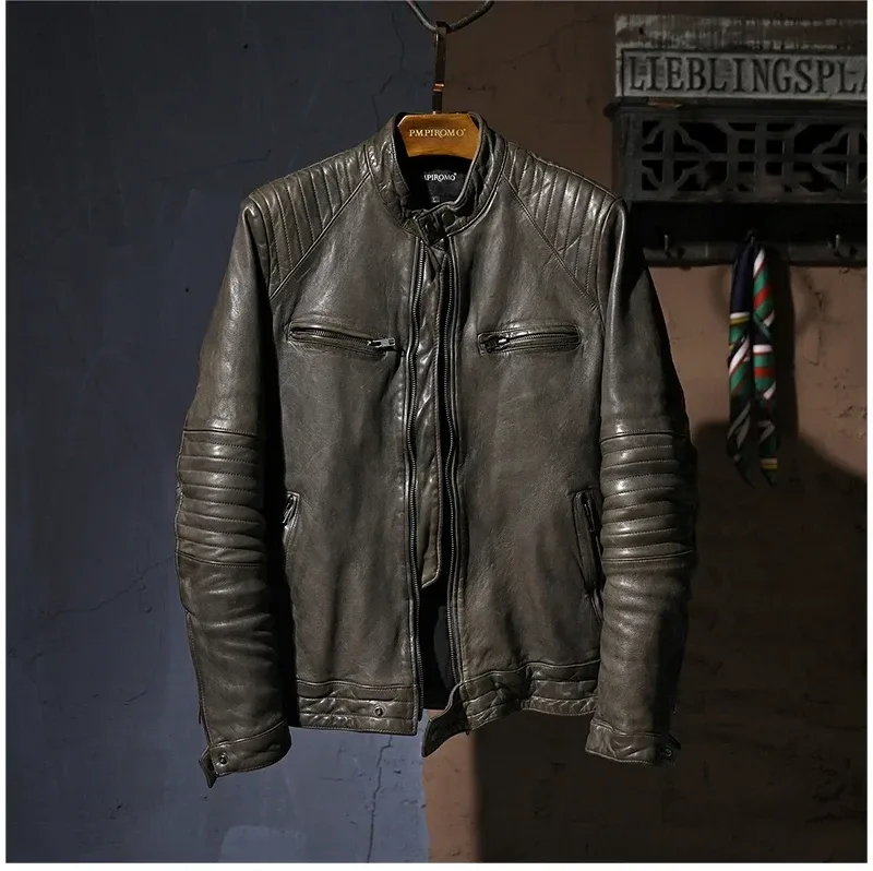 Men’s Luxury Vintage Brown Sheepskin Leather Jacket – Genuine Tanned Leather Slim Biker Coat, Premium Quality Cool Rider Style