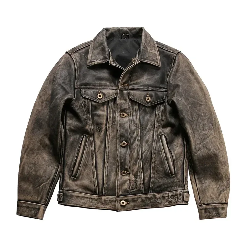 Men’s Luxury Vintage Gray Cowhide Leather Jacket – Heavy 1.4mm Thick Genuine Leather 507 Style Slim Fit Coat, Natural Durable Finish - Image 5