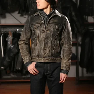 Men’s Luxury Vintage Gray Cowhide Leather Jacket – Heavy 1.4mm Thick Genuine Leather 507 Style Slim Fit Coat, Natural Durable Finish