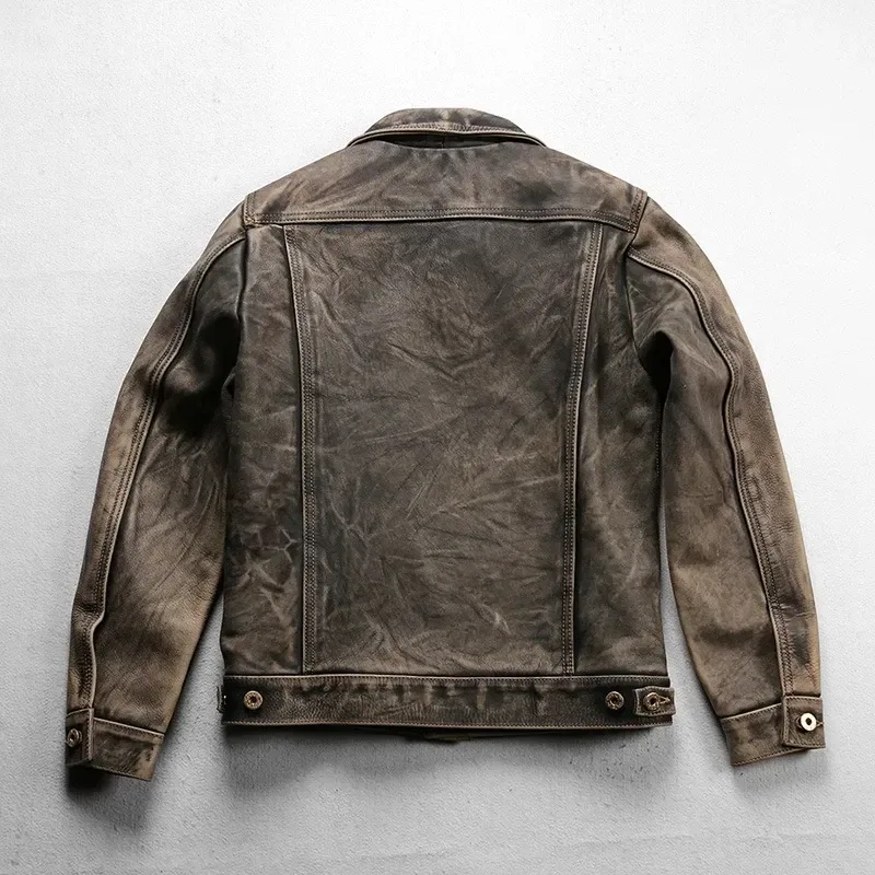 Men’s Luxury Vintage Gray Cowhide Leather Jacket – Heavy 1.4mm Thick Genuine Leather 507 Style Slim Fit Coat, Natural Durable Finish - Image 4
