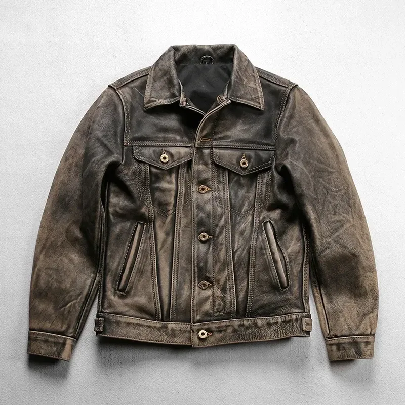 Men’s Luxury Vintage Gray Cowhide Leather Jacket – Heavy 1.4mm Thick Genuine Leather 507 Style Slim Fit Coat, Natural Durable Finish - Image 6