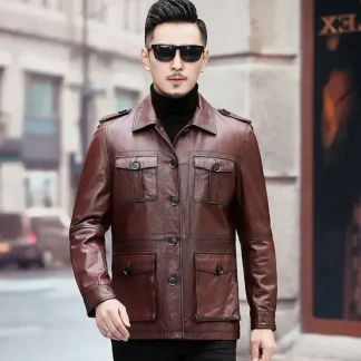 Men’s Genuine Cowhide Leather Jacket – Short Top-Layer Leather Coat for Autumn & Winter, Brown Lapel Design Classic Real Leather Outerwear