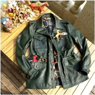 Men’s Army Green Horsehide Leather Jacket – Classic Thin Tanned Genuine Horsehide Field Coat, Vintage Military-Style Hunting Windbreaker