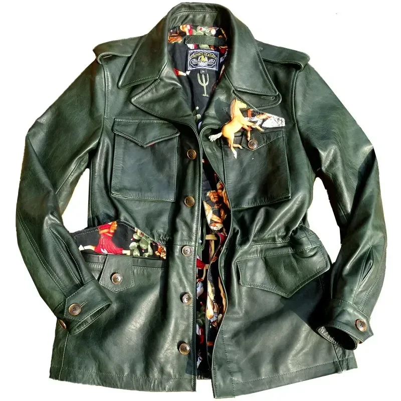 Men’s Army Green Horsehide Leather Jacket – Classic Thin Tanned Genuine Horsehide Field Coat, Vintage Military-Style Hunting Windbreaker - Image 6