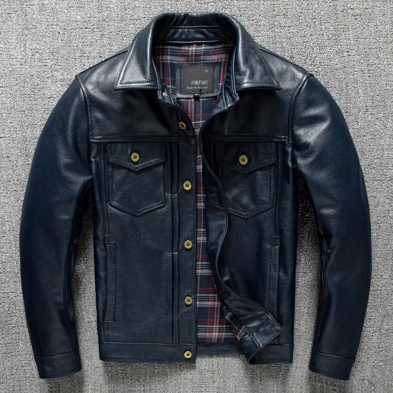 Men’s Blue Calfskin Leather Denim Jacket – Fashion Slim Fit Cropped Design, Genuine Leather Outerwear with Classic Stitch Detailing, Plus Size Available - Image 5