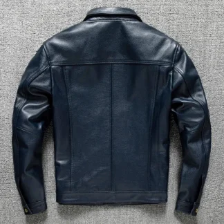 Men’s Blue Calfskin Leather Denim Jacket – Fashion Slim Fit Cropped Design, Genuine Leather Outerwear with Classic Stitch Detailing, Plus Size Available