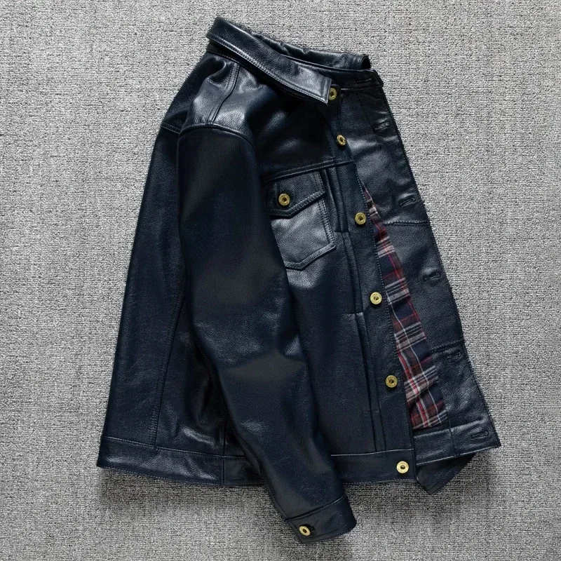 Men’s Blue Calfskin Leather Denim Jacket – Fashion Slim Fit Cropped Design, Genuine Leather Outerwear with Classic Stitch Detailing, Plus Size Available - Image 2