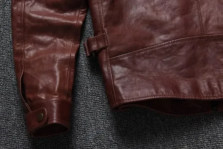 Men’s Burgundy Oil-Waxed Cowhide Leather Jacket – Slim Fit Vintage Business Casual Coat, Premium Quality Genuine Leather Outerwear - Image 4