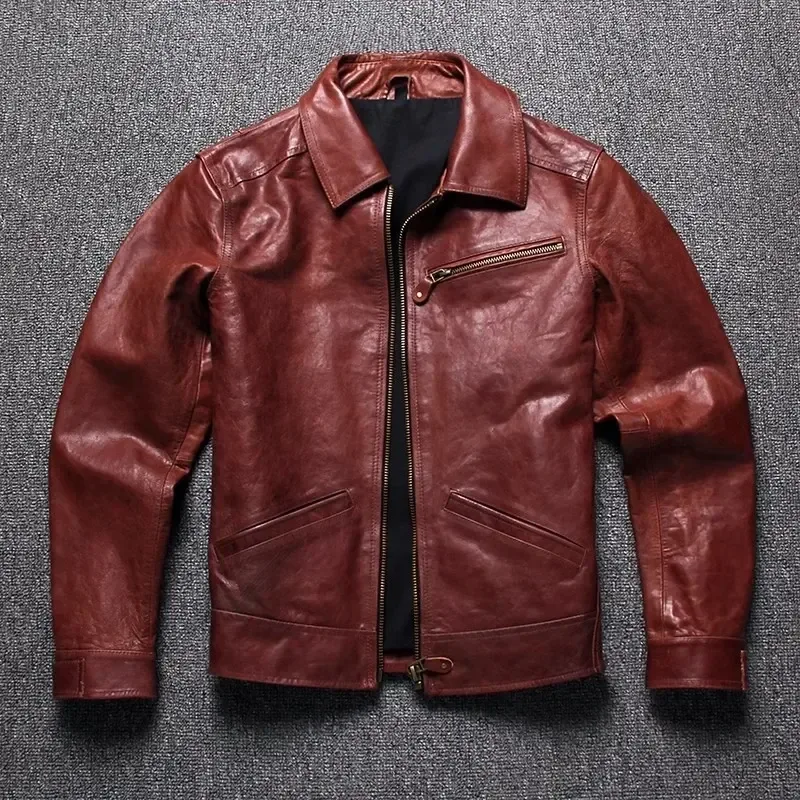 Men’s Burgundy Oil-Waxed Cowhide Leather Jacket – Slim Fit Vintage Business Casual Coat, Premium Quality Genuine Leather Outerwear - Image 2
