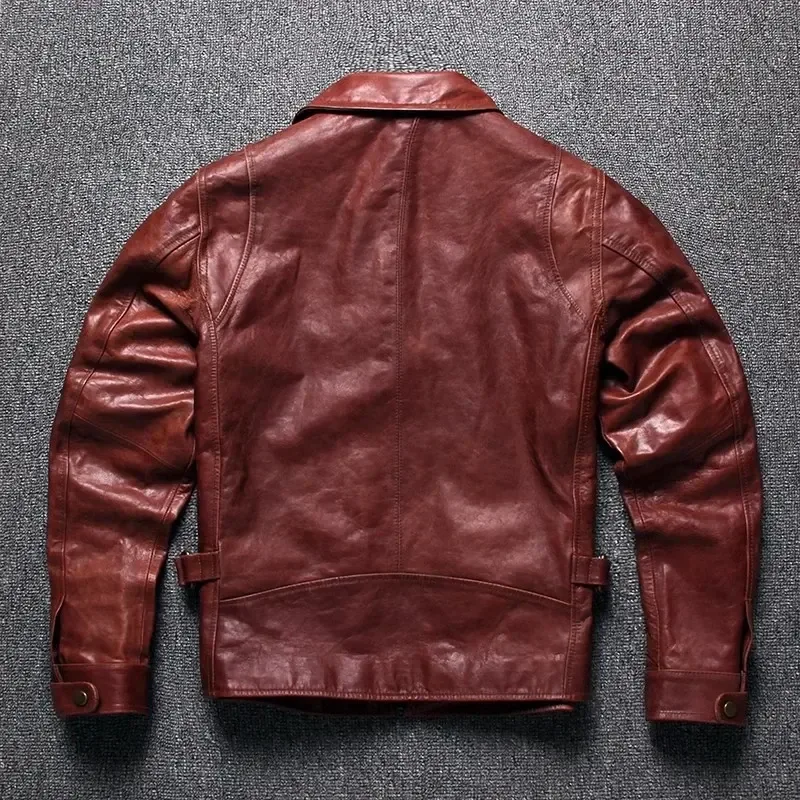 Men’s Burgundy Oil-Waxed Cowhide Leather Jacket – Slim Fit Vintage Business Casual Coat, Premium Quality Genuine Leather Outerwear - Image 3