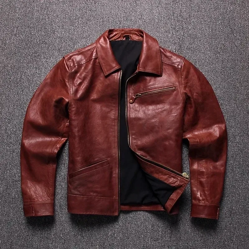 Men’s Burgundy Oil-Waxed Cowhide Leather Jacket – Slim Fit Vintage Business Casual Coat, Premium Quality Genuine Leather Outerwear - Image 6