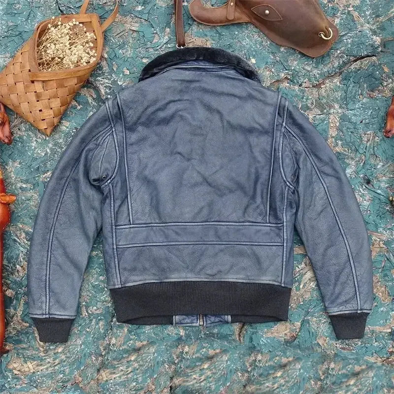 Men’s Vintage Airforce Pilot Jacket – Genuine Cowhide Leather Winter Coat with Padded Wool Collar, Blue, Plus Size up to 5XL - Image 4
