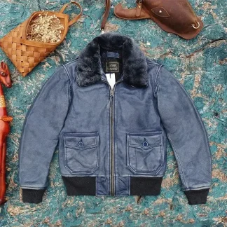Men’s Vintage Airforce Pilot Jacket – Genuine Cowhide Leather Winter Coat with Padded Wool Collar, Blue, Plus Size up to 5XL