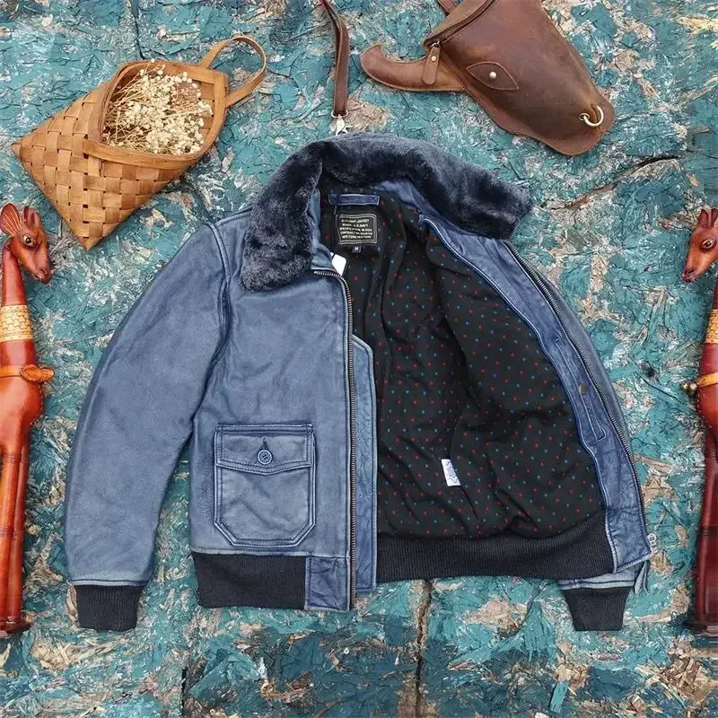 Men’s Vintage Airforce Pilot Jacket – Genuine Cowhide Leather Winter Coat with Padded Wool Collar, Blue, Plus Size up to 5XL - Image 2