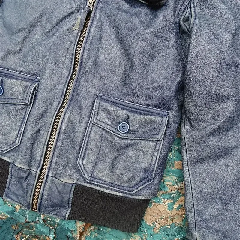 Men’s Vintage Airforce Pilot Jacket – Genuine Cowhide Leather Winter Coat with Padded Wool Collar, Blue, Plus Size up to 5XL - Image 5