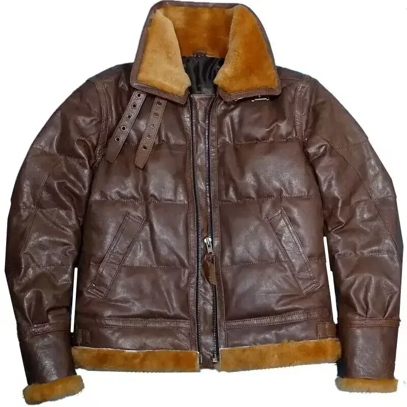 Men’s Genuine Leather Sheepskin & Cowhide Down Jacket – Winter Warm Oversized Patchwork Coat, Brown & Black, Plus Size 4XL - Image 8