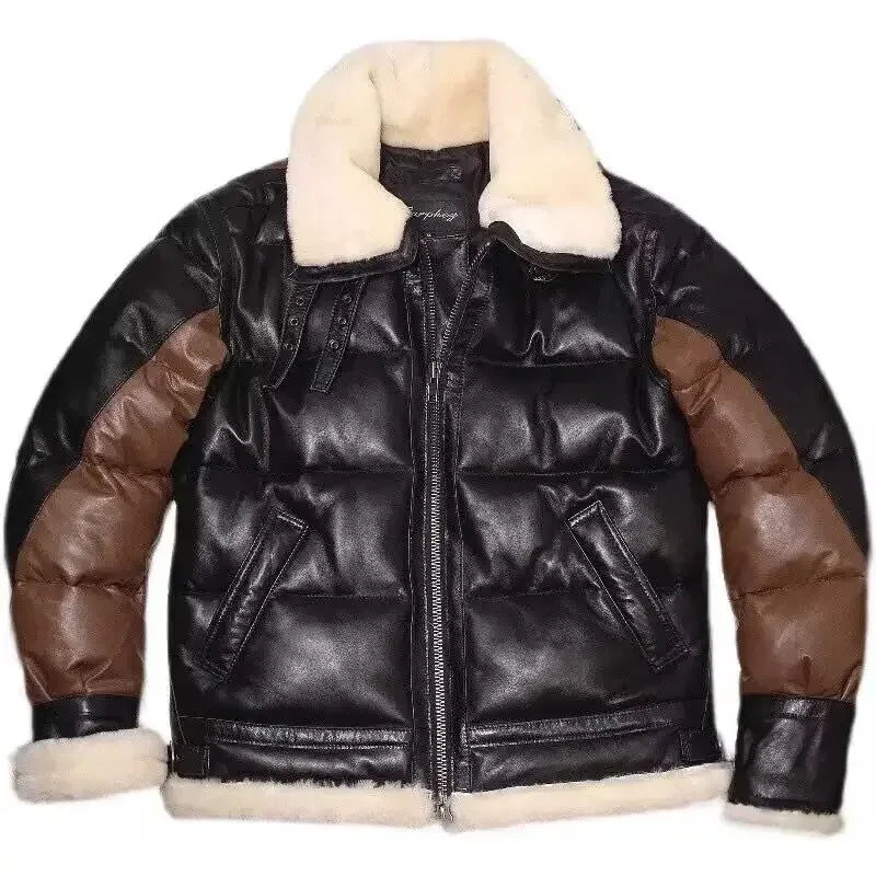 Men’s Genuine Leather Sheepskin & Cowhide Down Jacket – Winter Warm Oversized Patchwork Coat, Brown & Black, Plus Size 4XL - Image 6