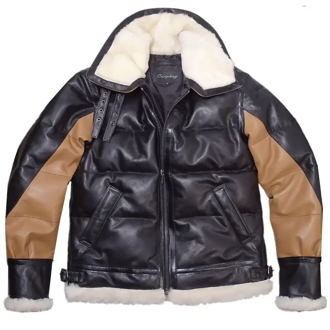 Men’s Genuine Leather Sheepskin & Cowhide Down Jacket – Winter Warm Oversized Patchwork Coat, Brown & Black, Plus Size 4XL - Image 7
