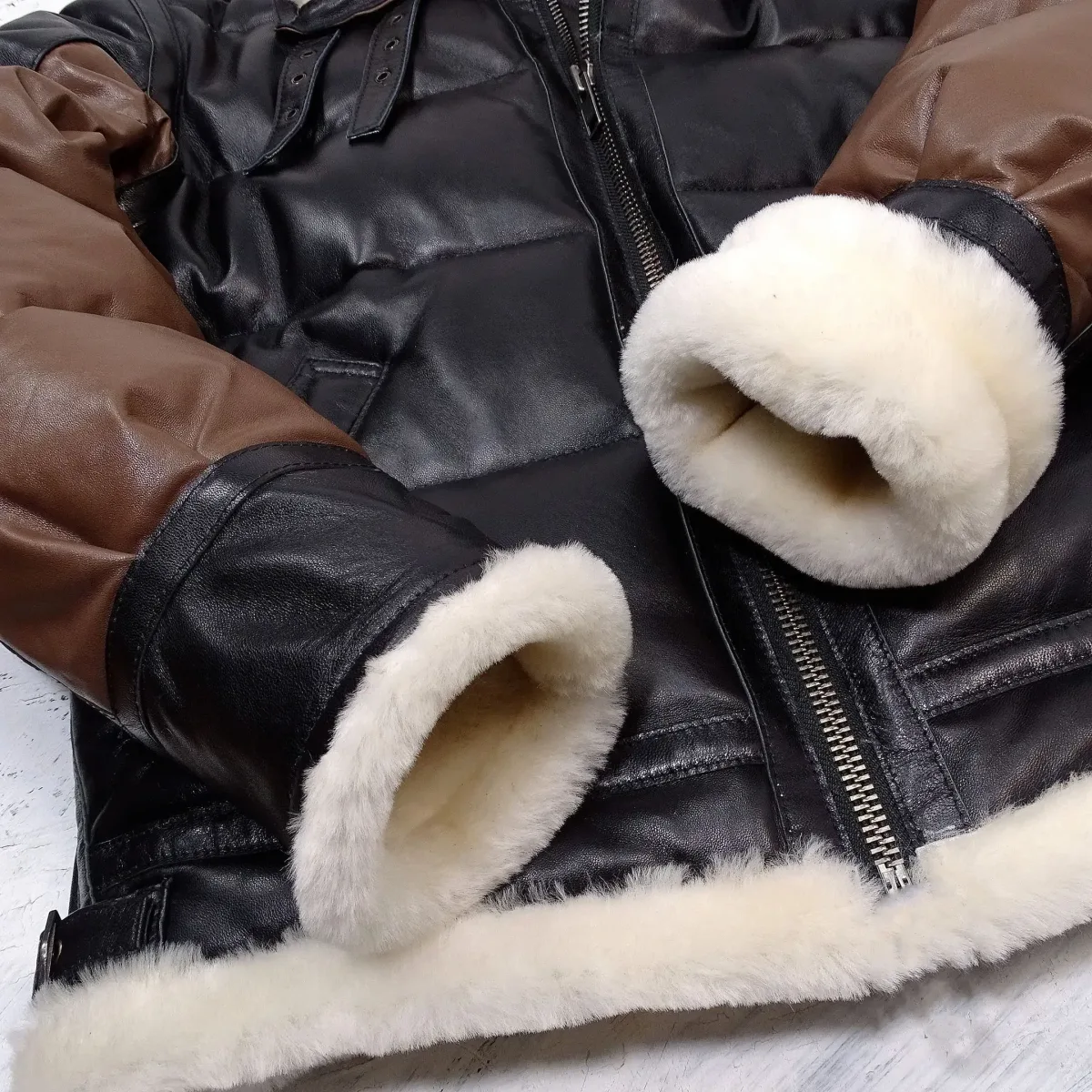 Men’s Genuine Leather Sheepskin & Cowhide Down Jacket – Winter Warm Oversized Patchwork Coat, Brown & Black, Plus Size 4XL - Image 4