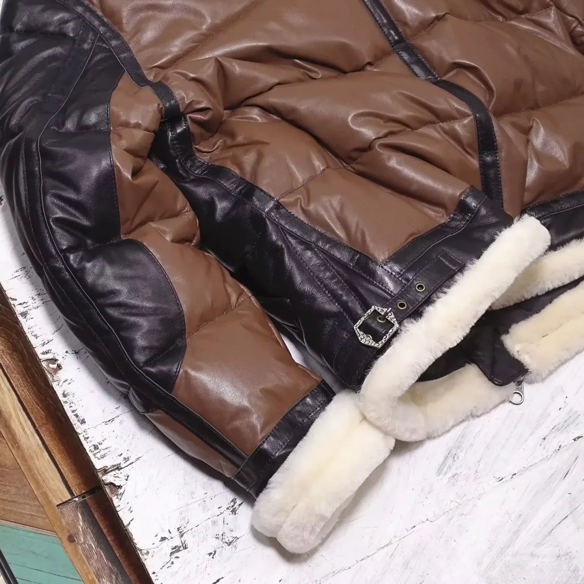 Men’s Genuine Leather Sheepskin & Cowhide Down Jacket – Winter Warm Oversized Patchwork Coat, Brown & Black, Plus Size 4XL - Image 5