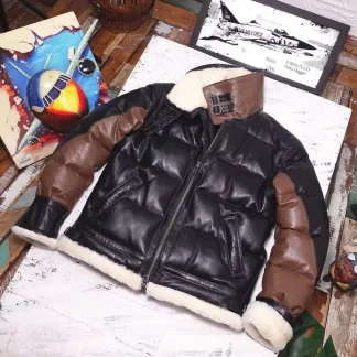 Men’s Genuine Leather Sheepskin & Cowhide Down Jacket – Winter Warm Oversized Patchwork Coat, Brown & Black, Plus Size 4XL