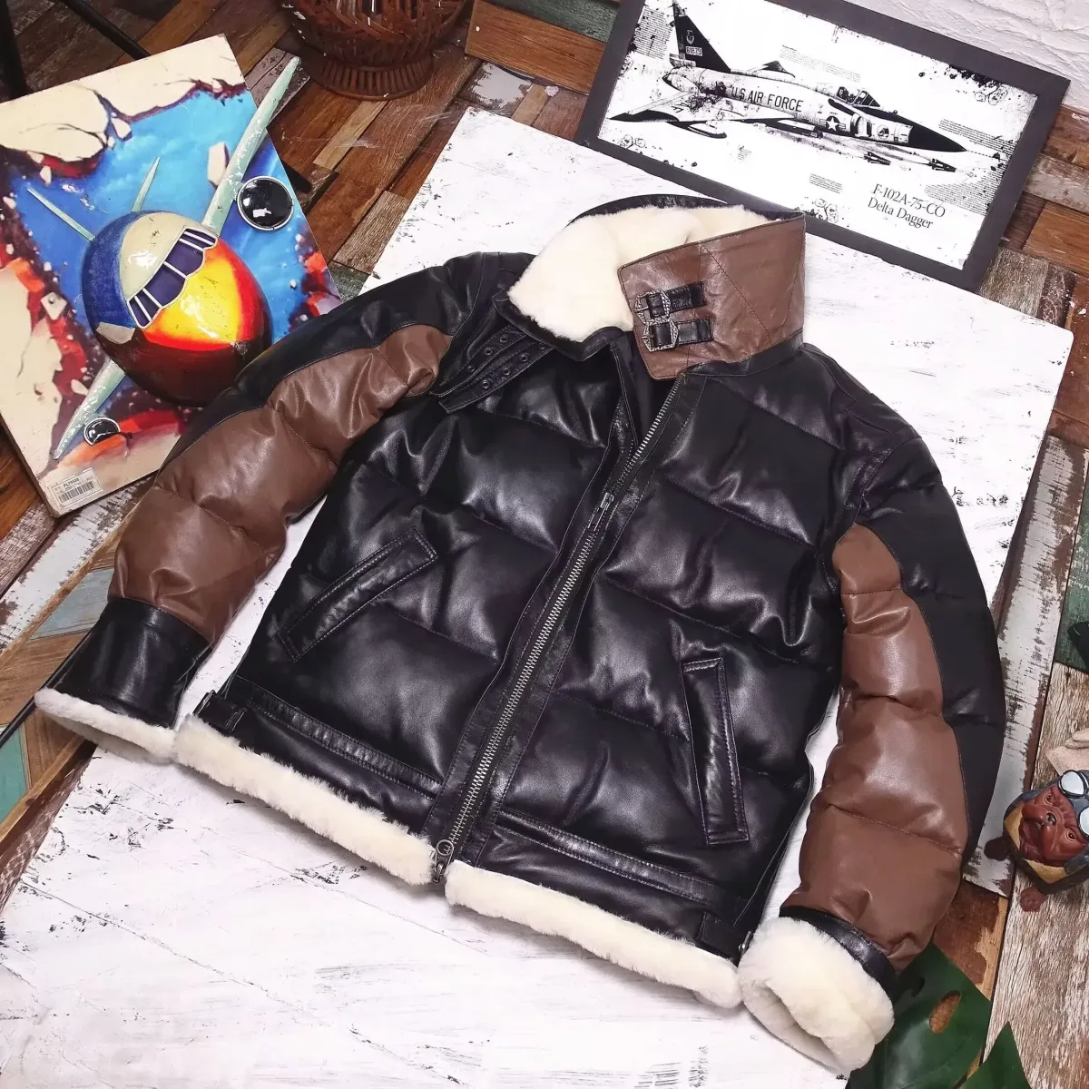 Men’s Genuine Leather Sheepskin & Cowhide Down Jacket – Winter Warm Oversized Patchwork Coat, Brown & Black, Plus Size 4XL