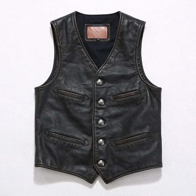 Men’s Genuine Cowhide Leather Vest – 2025 Retro Motorcycle Buffalo Style Waistcoat, Real Leather Biker Vest for Men, Plus Size 5XL–6XL - Image 3