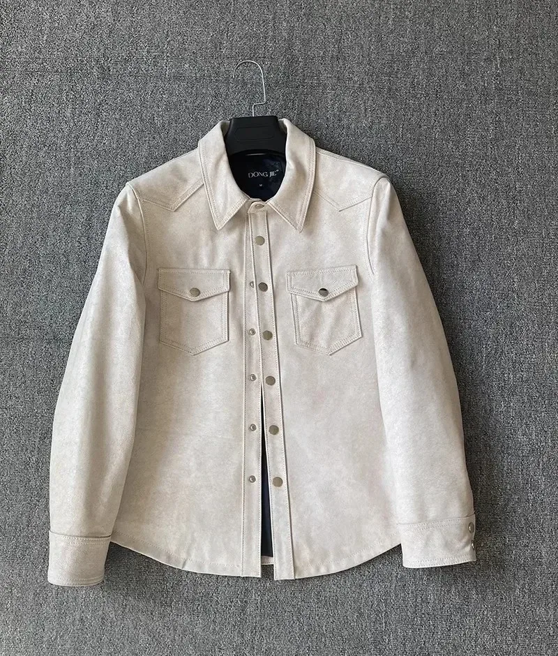 Men’s Vintage Genuine Sheepskin Leather Shirt Jacket – Slim Fit Natural Leather Coat, Classic Retro Fashion Outerwear for Men - Image 5