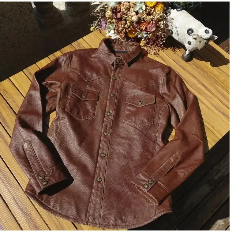 Men’s Vintage Genuine Sheepskin Leather Shirt Jacket – Slim Fit Natural Leather Coat, Classic Retro Fashion Outerwear for Men - Image 4